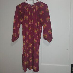 Deep Burgundy Casual Dress with 3/4 Bishop Sleeves and Crew Neck
